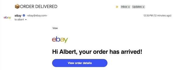 Email notification of package delivery from eBay